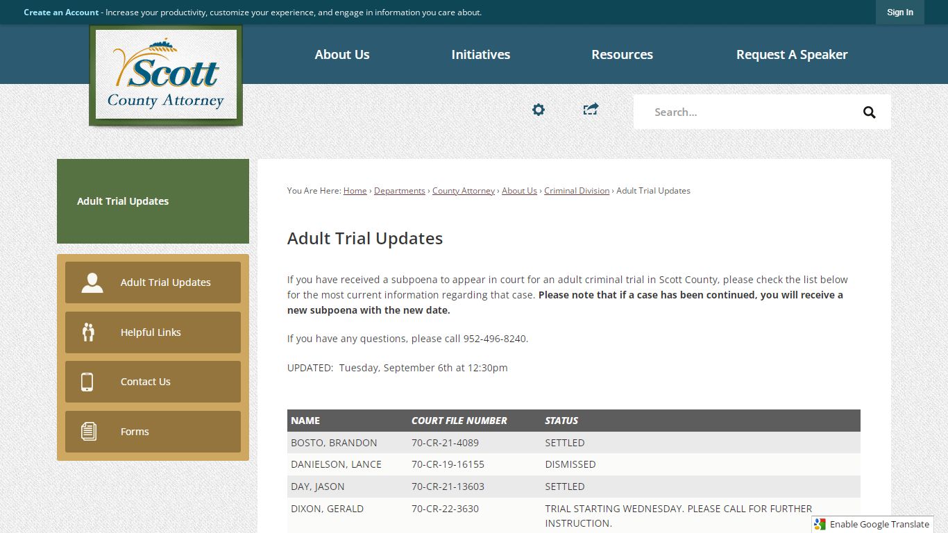 Adult Trial Updates | Scott County, MN